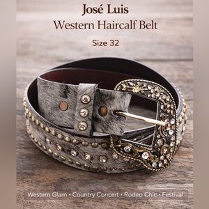 José Luis Western Haircalf Belt Studded Rhinestone Buckle Size 32